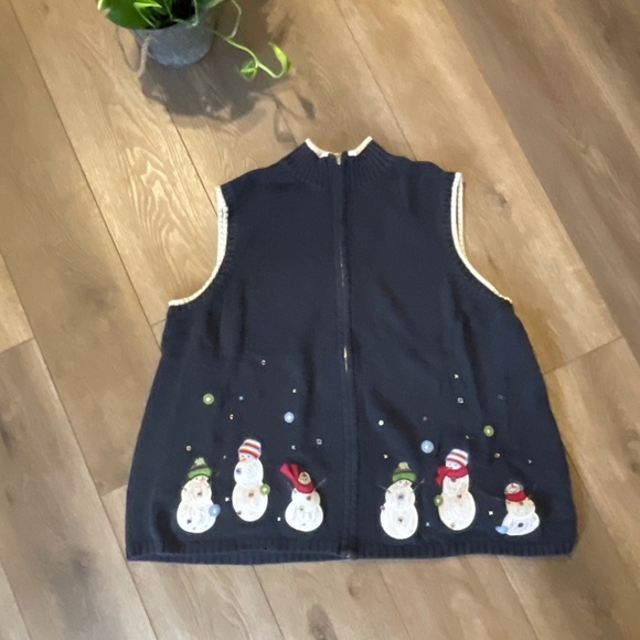 CJ Banks Sweaters - CJ Banks Snowman Christmas Zip Vest Sweater, Navy  -2X